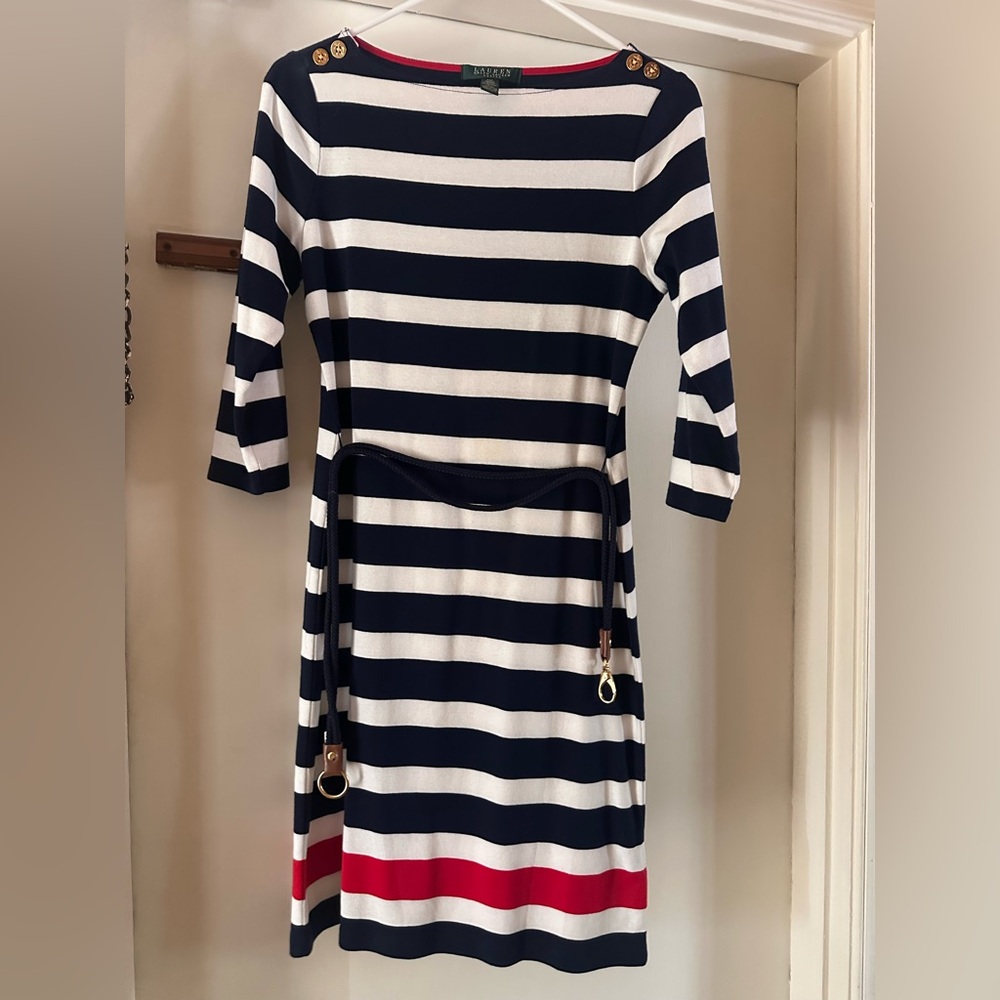 Lauren Ralph Lauren Women's Dress Medium Blue White Striped Belt Gold Buttons